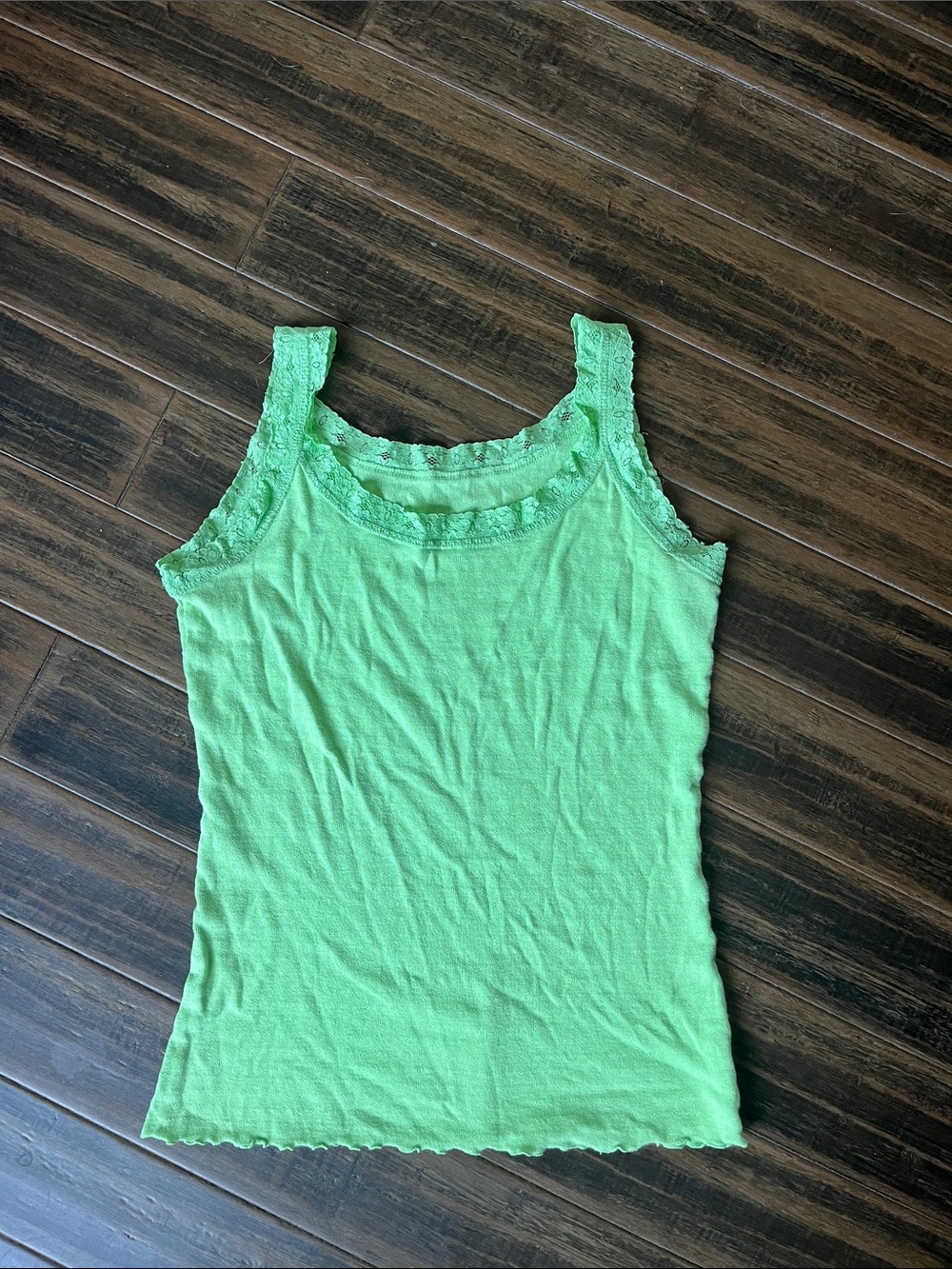 Green Pointelle Lace-Trim Tank Top